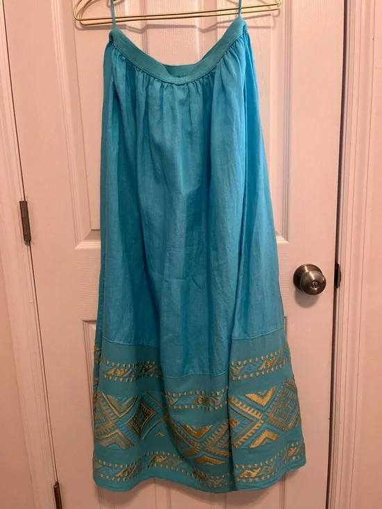 ✨ Haris Cotton Linen Skirt L Turquoise Gold Embroidered Greece Boho - Picture 9 of 9